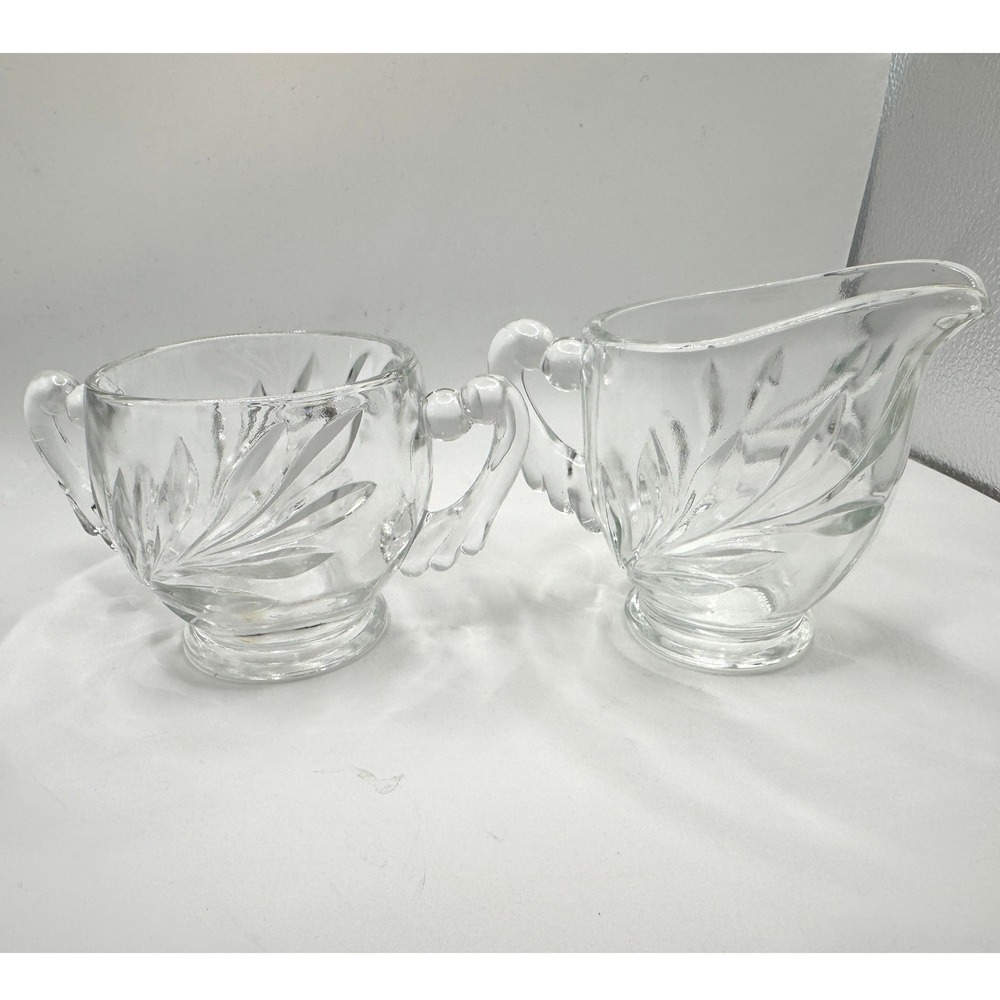 Clear Indiana Glass Willow Leaf Pattern Creamer‎ and Sugar Bowl 1950s Vintage